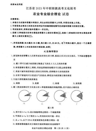 江蘇職教高考農(nóng)業(yè)專(zhuān)業(yè)綜合理論